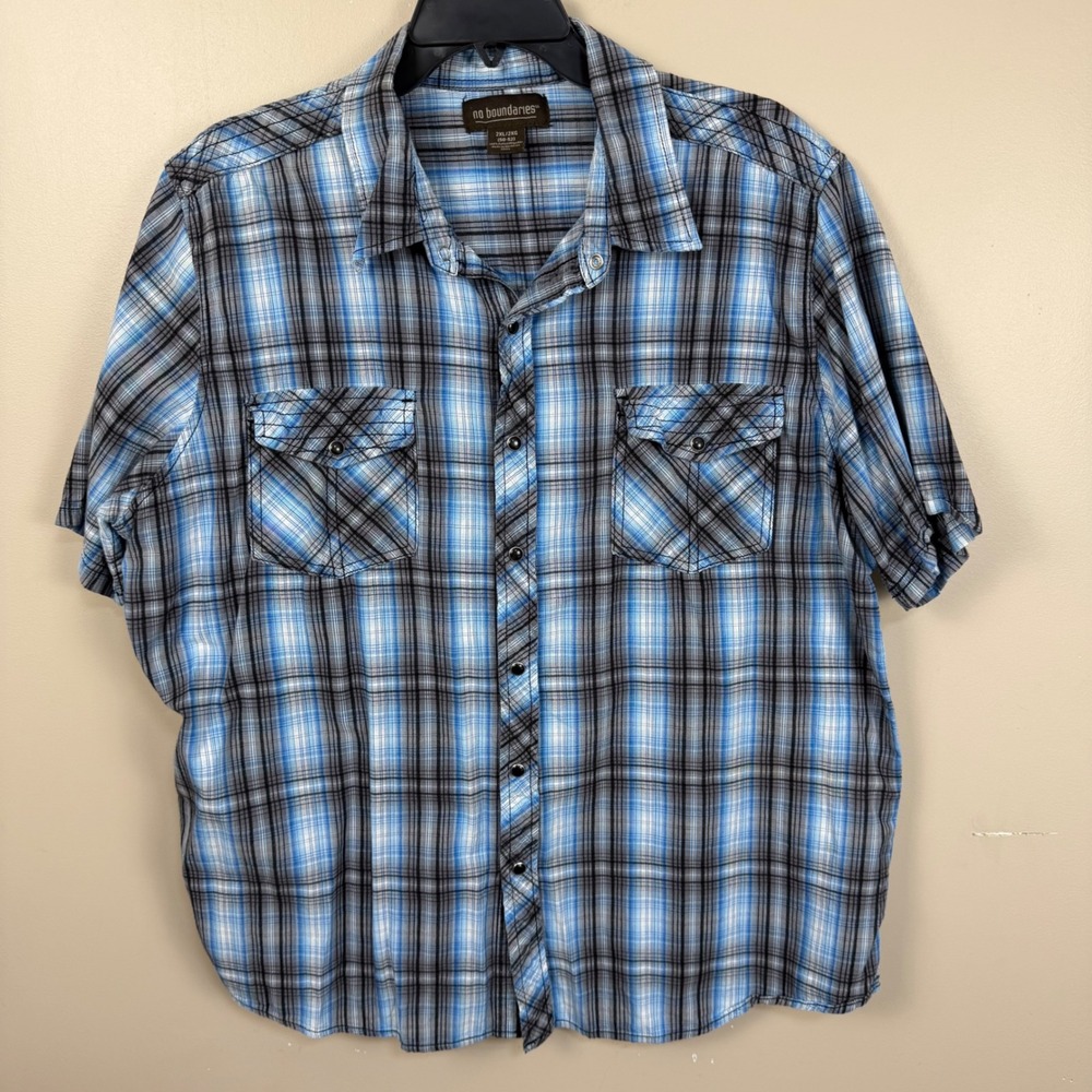No Boundaries Mens‎ 2XL Blue Plaid Snap Front Short Sleeve Shirt 100% Cotton